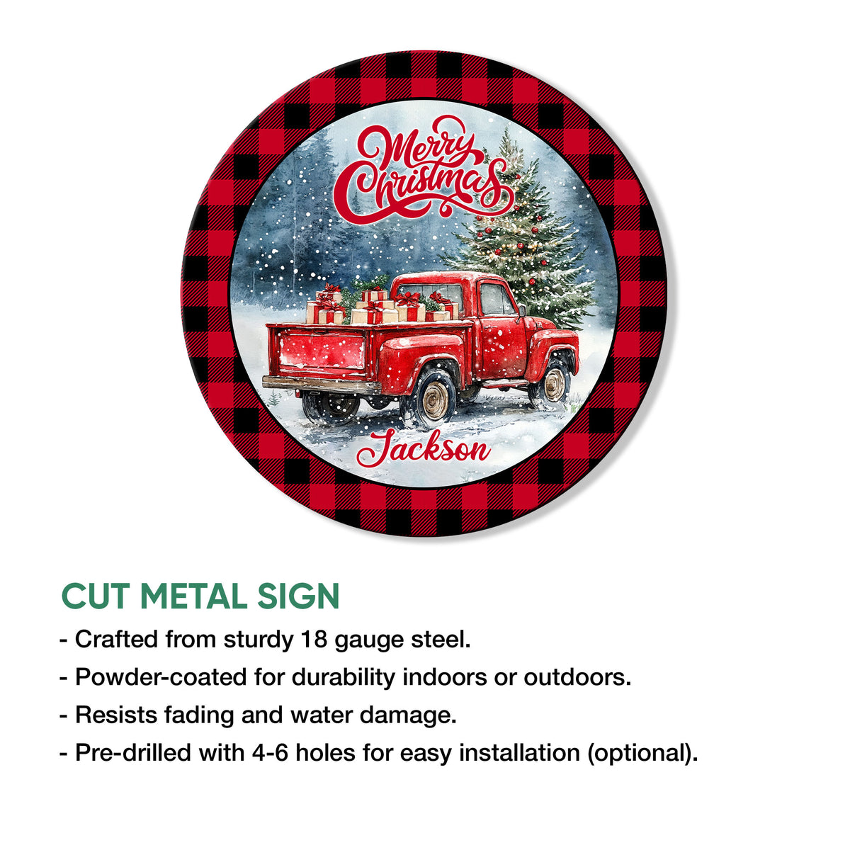 Christmas truck cut metal sign shown with a red pickup, snowy holiday scene, and product feature details