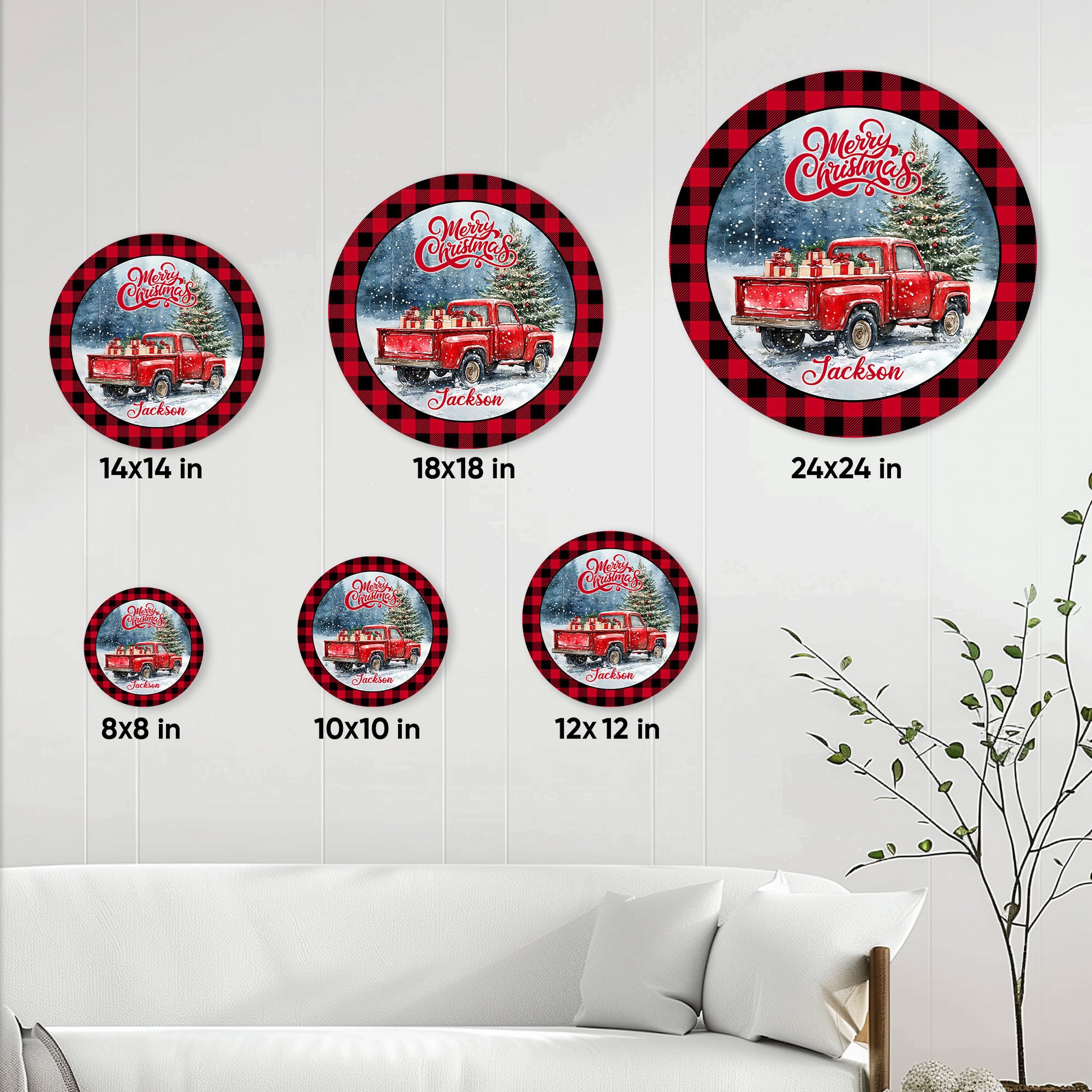 Christmas pickup truck metal sign size guide showing round options from 8 by 8 to 24 by 24 inches