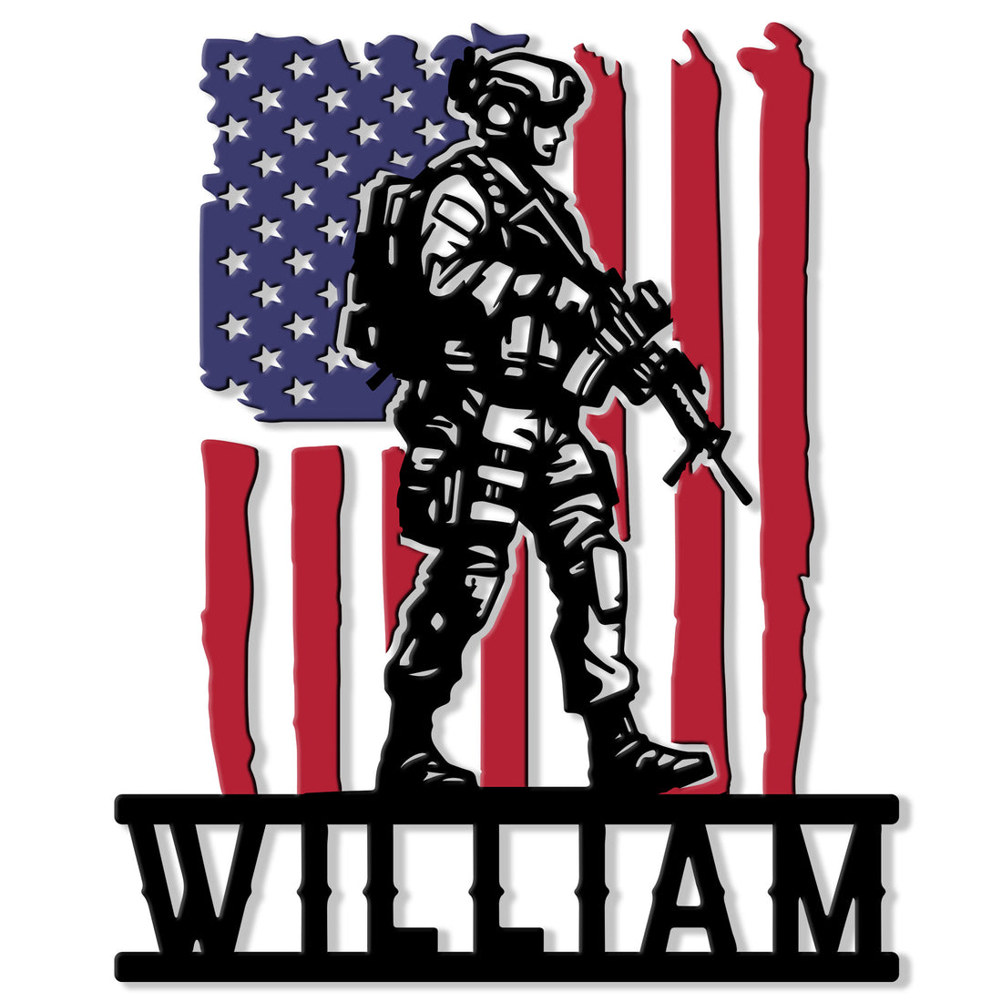 Custom veteran metal sign featuring a soldier silhouette over a distressed American flag