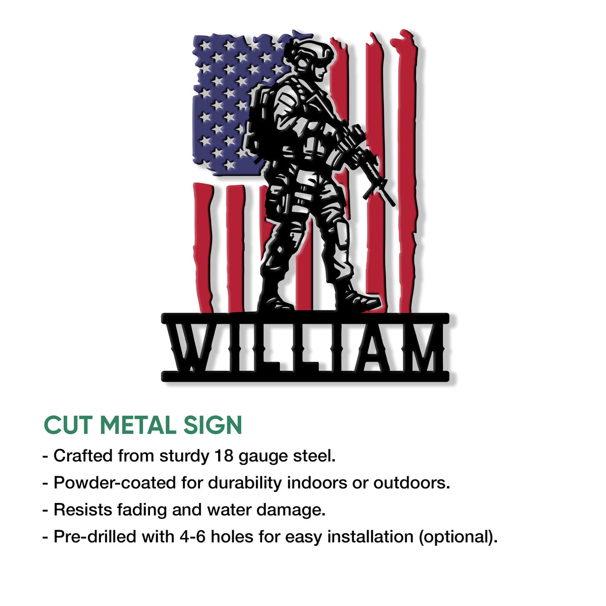 Cut metal veteran sign shown with patriotic soldier artwork and product feature details