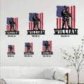 Veteran metal sign size guide showing six available size options in a home setting
