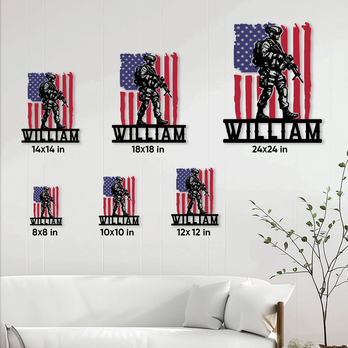 Veteran metal sign size guide showing six available size options in a home setting