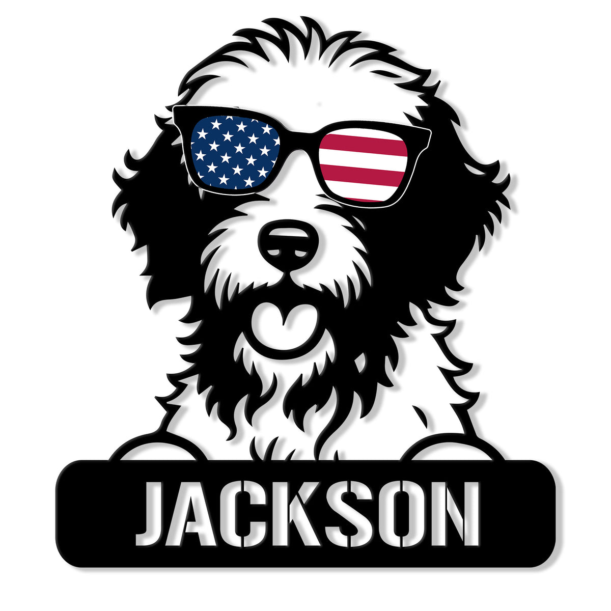 Aussiedoodle metal sign featuring a fluffy dog portrait wearing American flag sunglasses