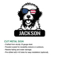 Aussiedoodle metal sign feature graphic showing the patriotic dog portrait and product highlights