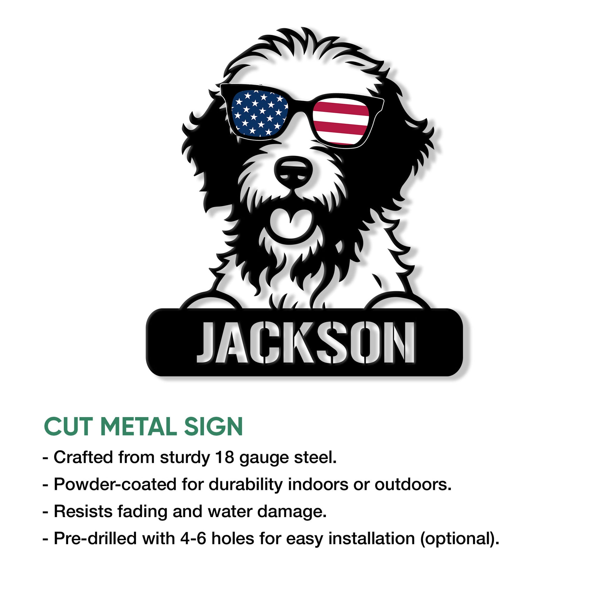 Aussiedoodle metal sign feature graphic showing the patriotic dog portrait and product highlights