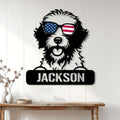 Patriotic Aussiedoodle wall sign displayed on a bright white paneled wall above a console table