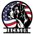 Boxer dog metal sign featuring a bold black-and-white portrait over an American flag background