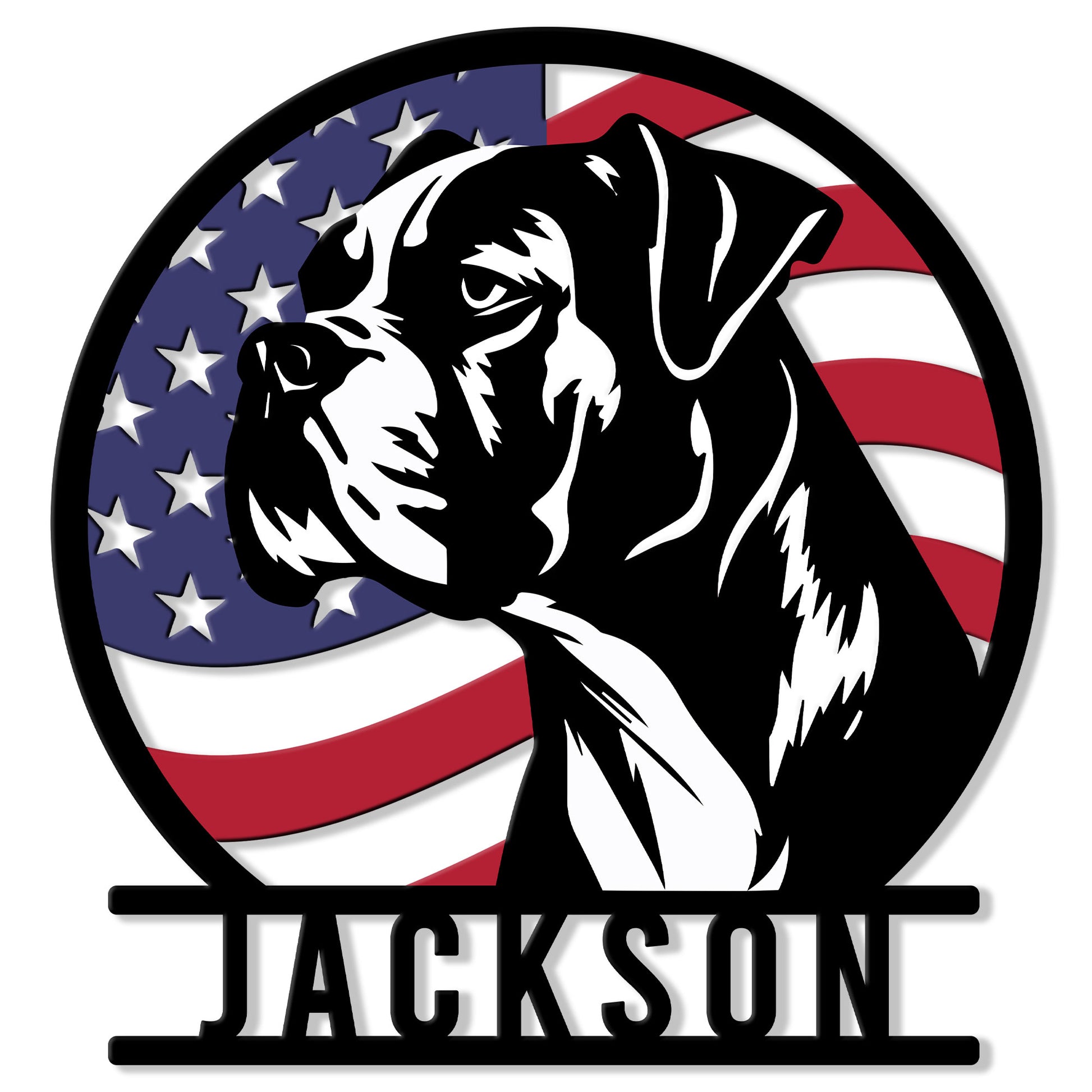 Boxer dog metal sign featuring a bold black-and-white portrait over an American flag background