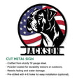 Boxer dog patriotic cut metal sign shown with product features for indoor or outdoor display