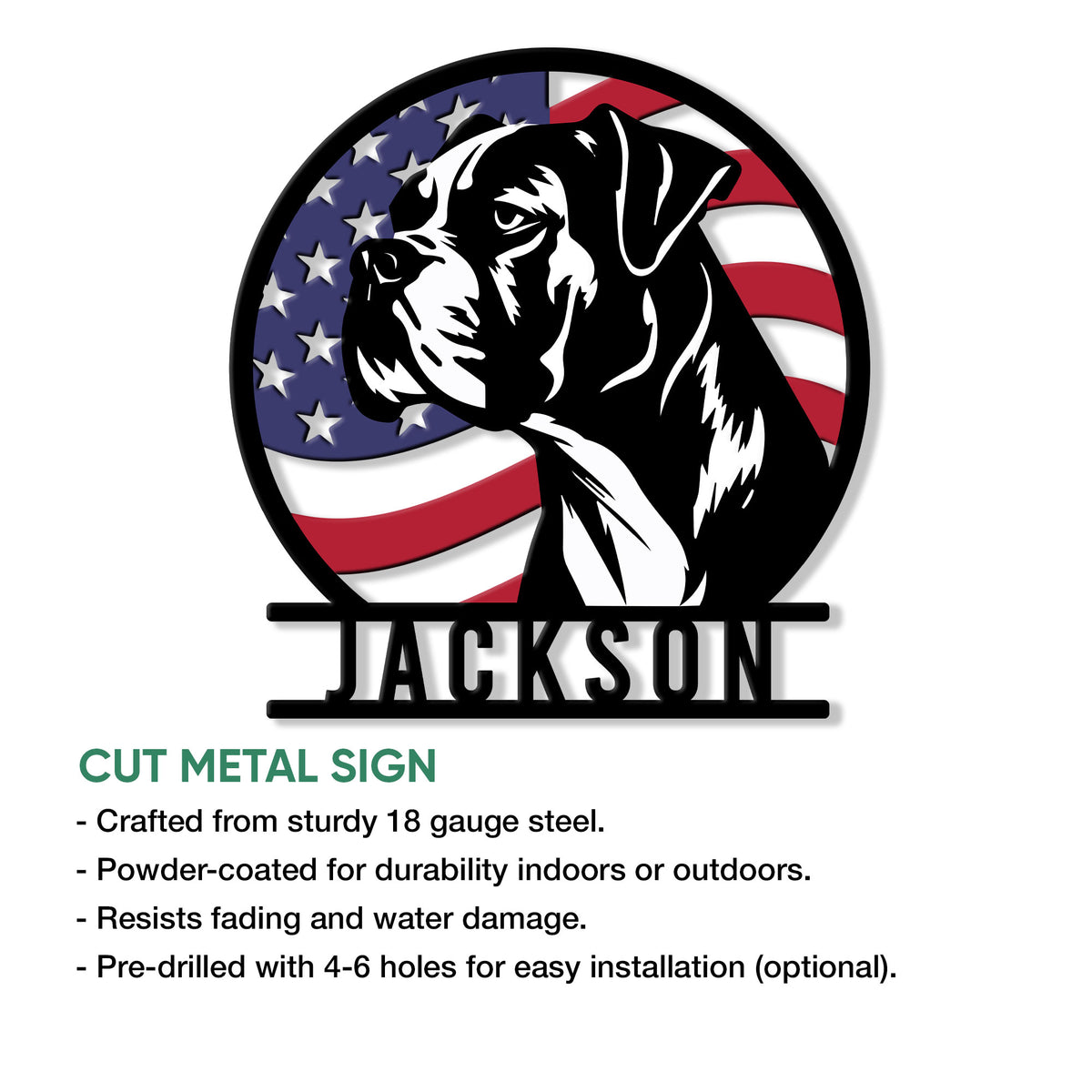 Boxer dog patriotic cut metal sign shown with product features for indoor or outdoor display
