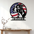 Patriotic Boxer dog wall sign displayed on a white wood wall above a rustic console table