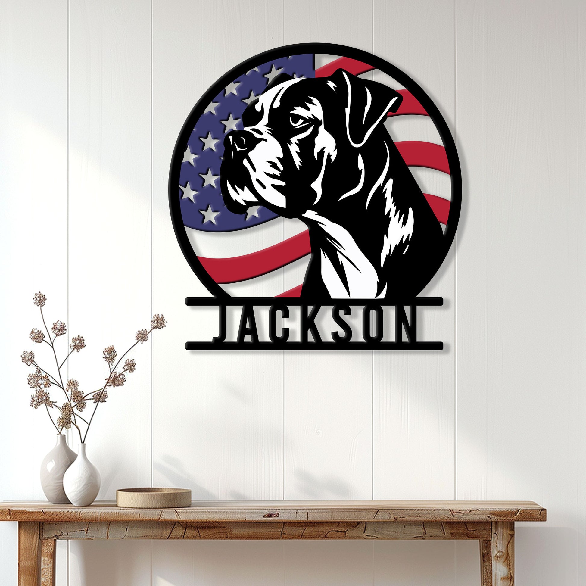 Patriotic Boxer dog wall sign displayed on a white wood wall above a rustic console table