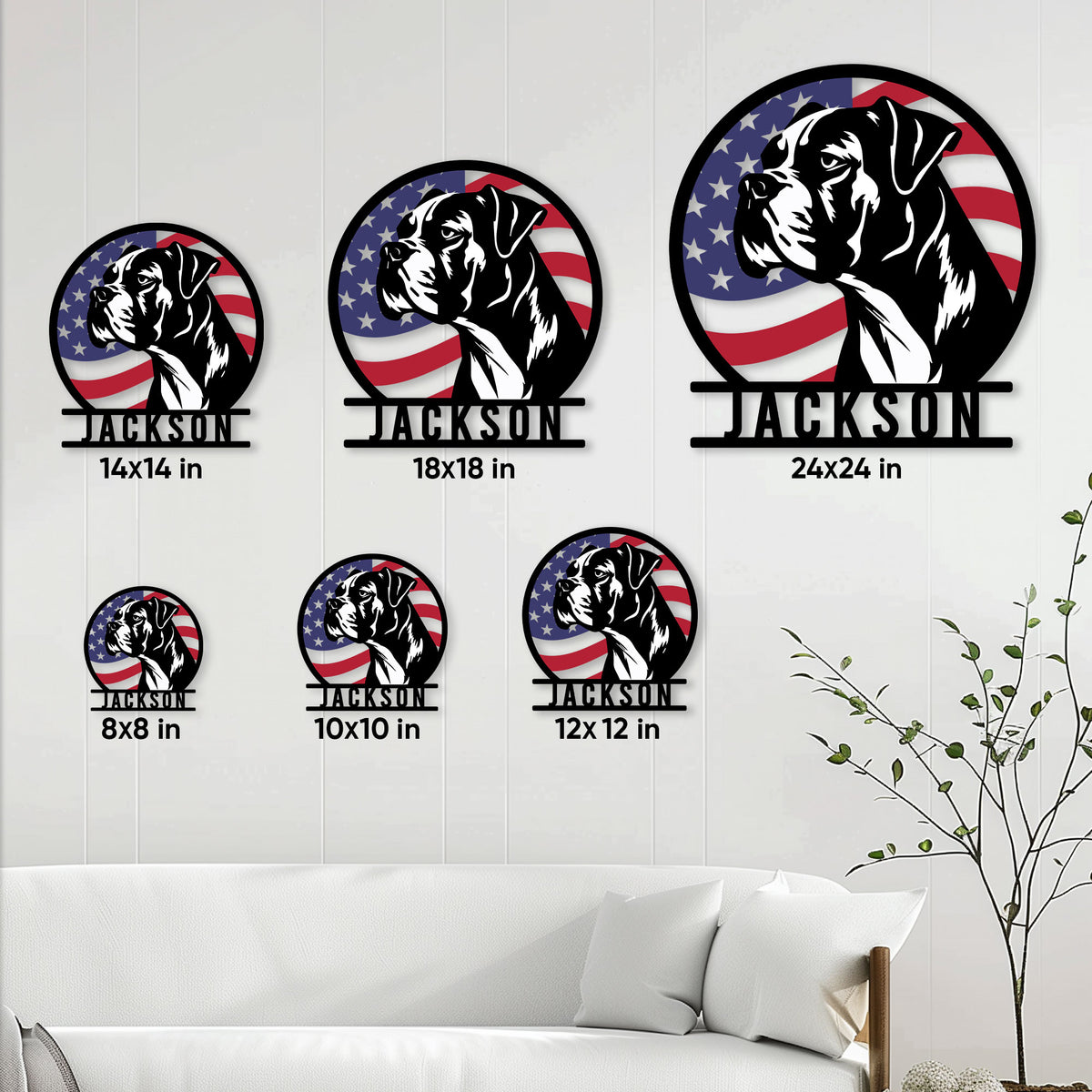 Boxer dog metal sign shown in multiple sizes on a living room wall for size comparison