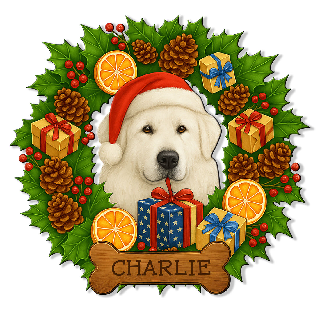 Custom Great Pyrenees metal sign featuring a Santa-hat dog, holiday wreath, gifts, holly and pinecones