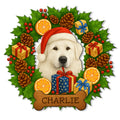 Custom Great Pyrenees metal sign featuring a Santa-hat dog, holiday wreath, gifts, holly and pinecones