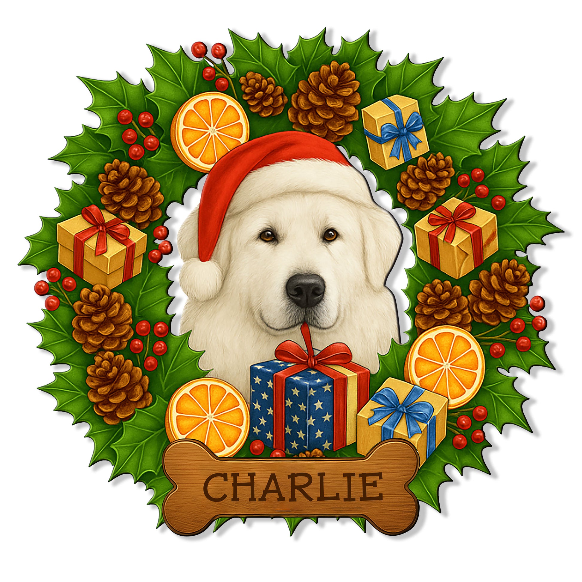 Custom Great Pyrenees metal sign featuring a Santa-hat dog, holiday wreath, gifts, holly and pinecones
