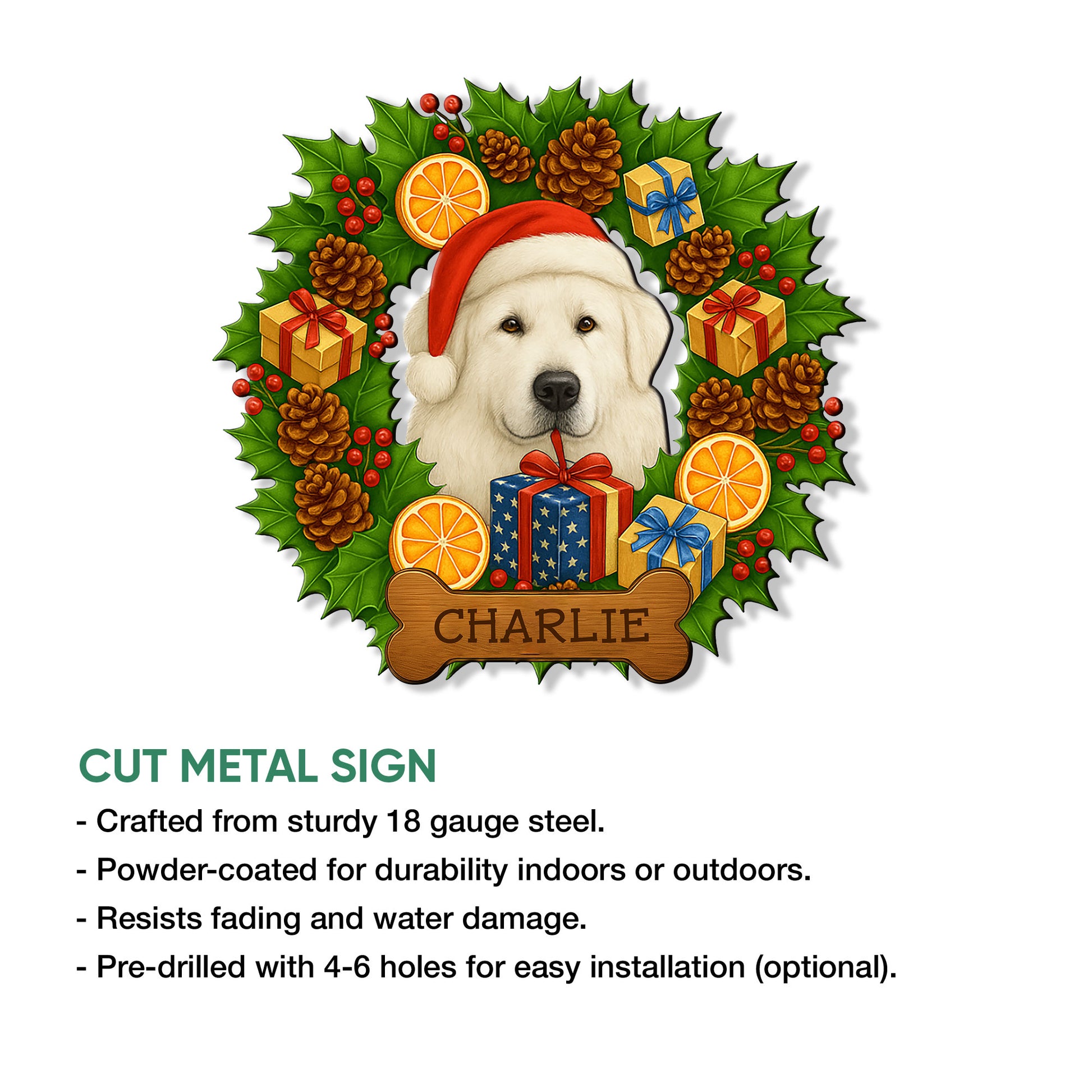 Great Pyrenees Christmas cut metal sign shown with a festive dog portrait and product feature details