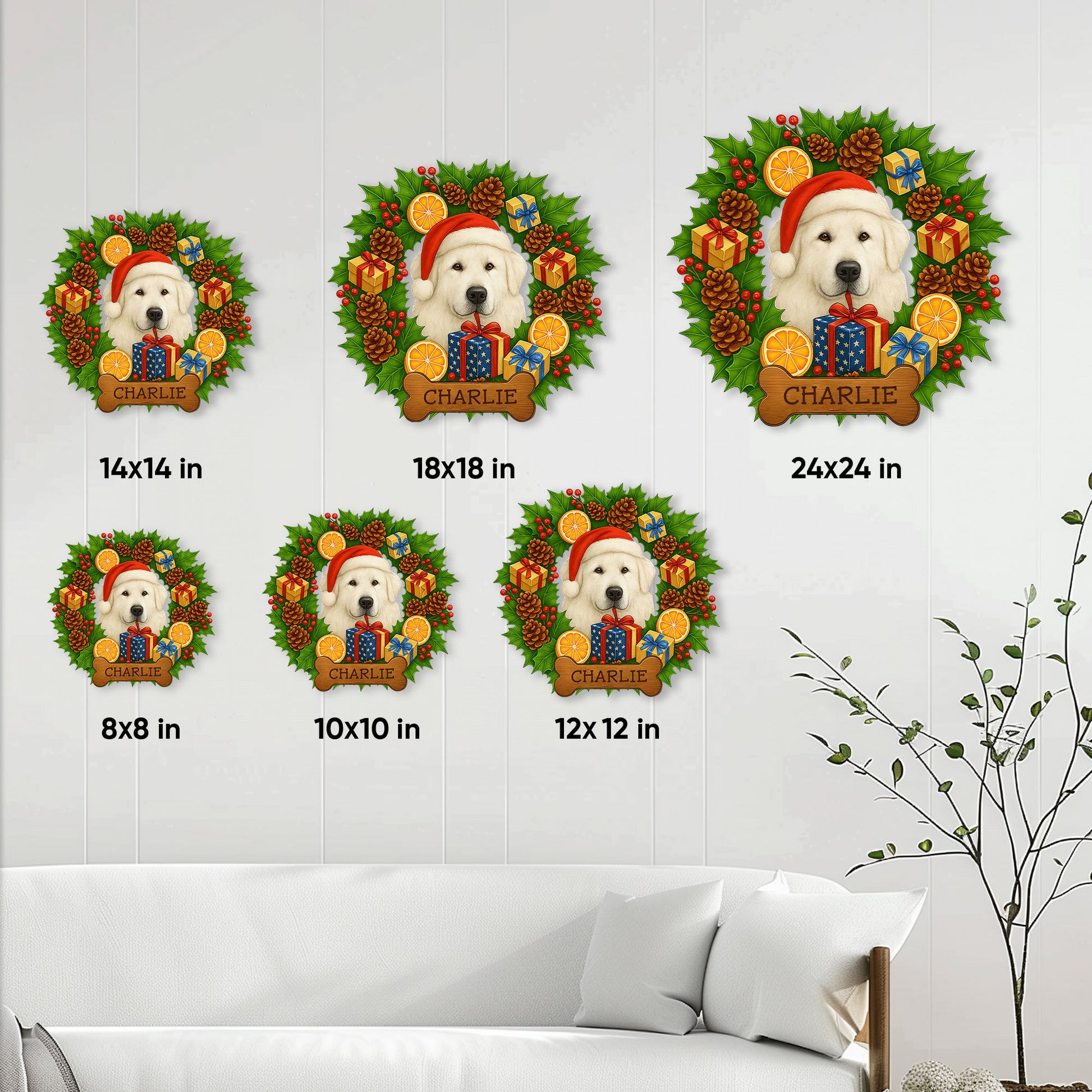 Great Pyrenees holiday metal sign shown in six available sizes on a living room wall