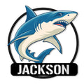 Custom shark metal sign featuring a bold blue shark swimming within a circular frame