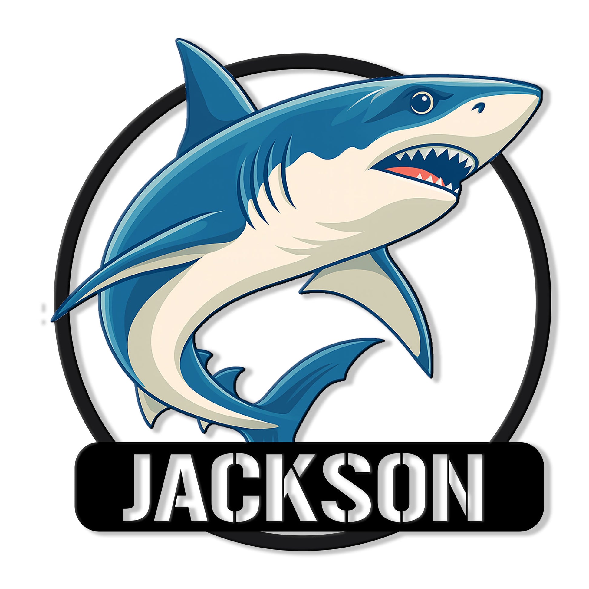 Custom shark metal sign featuring a bold blue shark swimming within a circular frame