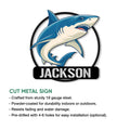 Blue shark metal sign shown as a cutout wall decor design with a circular frame