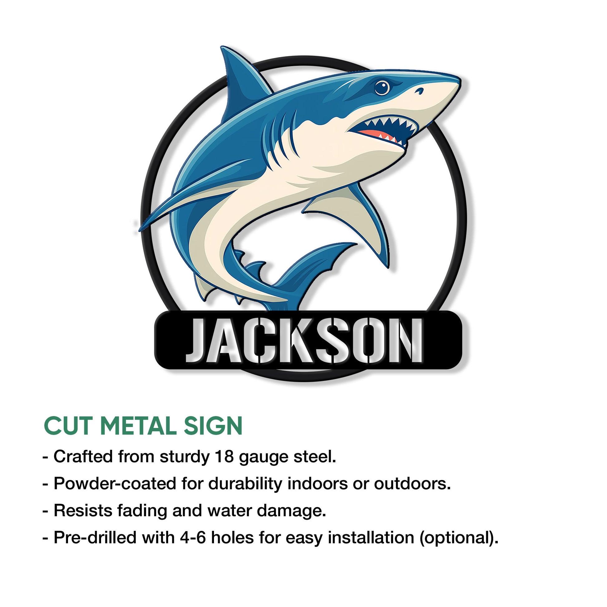Blue shark metal sign shown as a cutout wall decor design with a circular frame