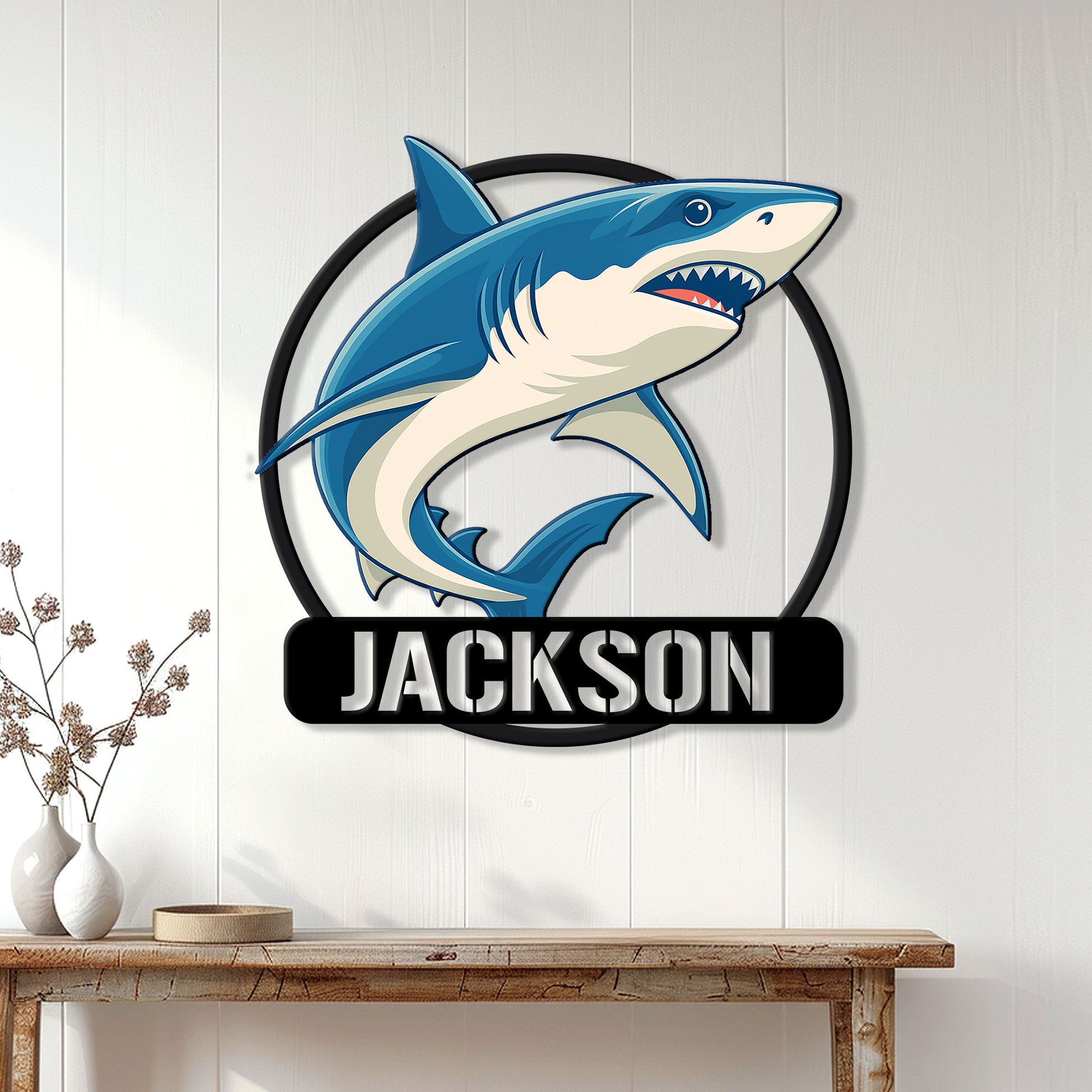 Custom shark wall sign displayed above a console table in a bright home interior