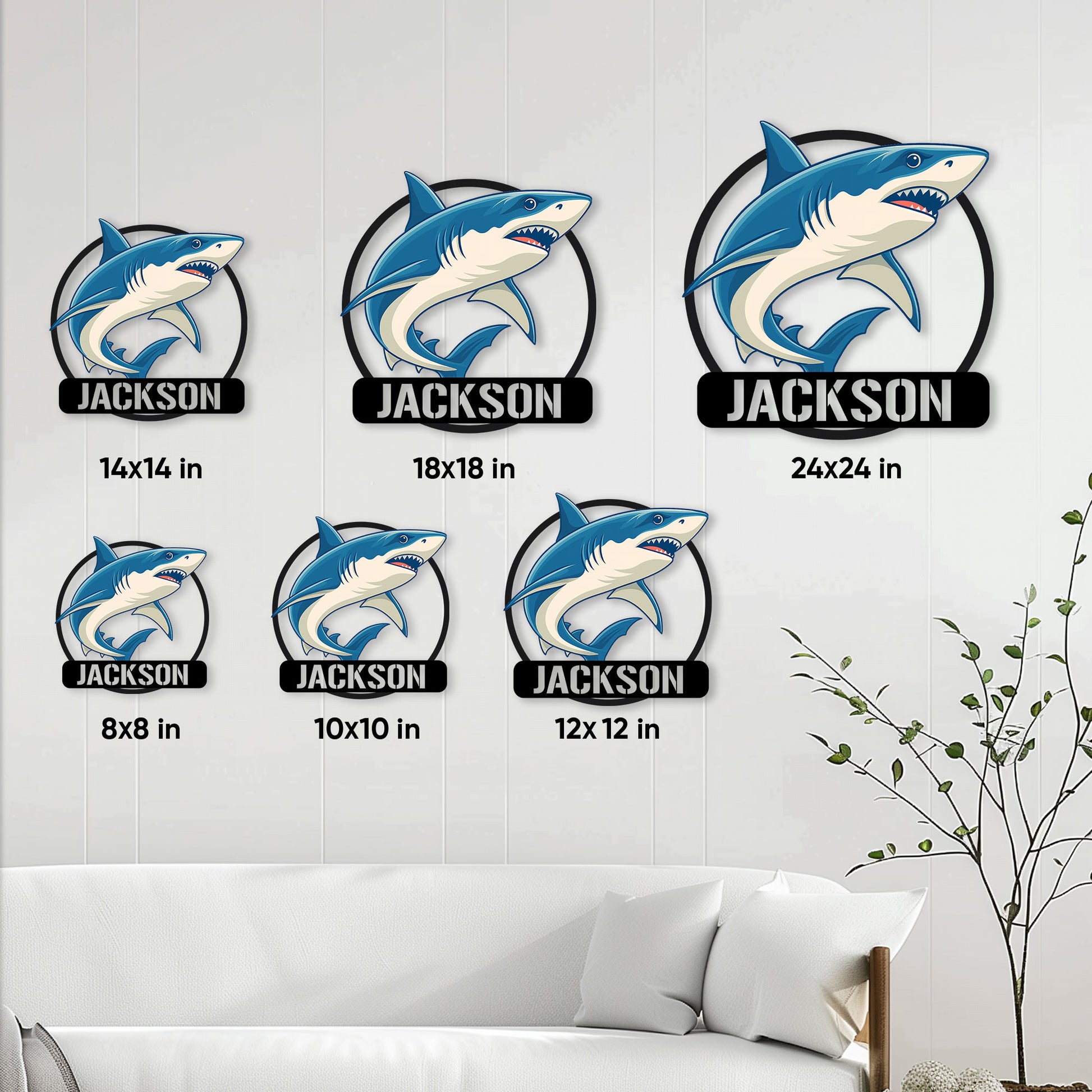Shark metal sign size guide showing available square sizes from 8 by 8 to 24 by 24 inches