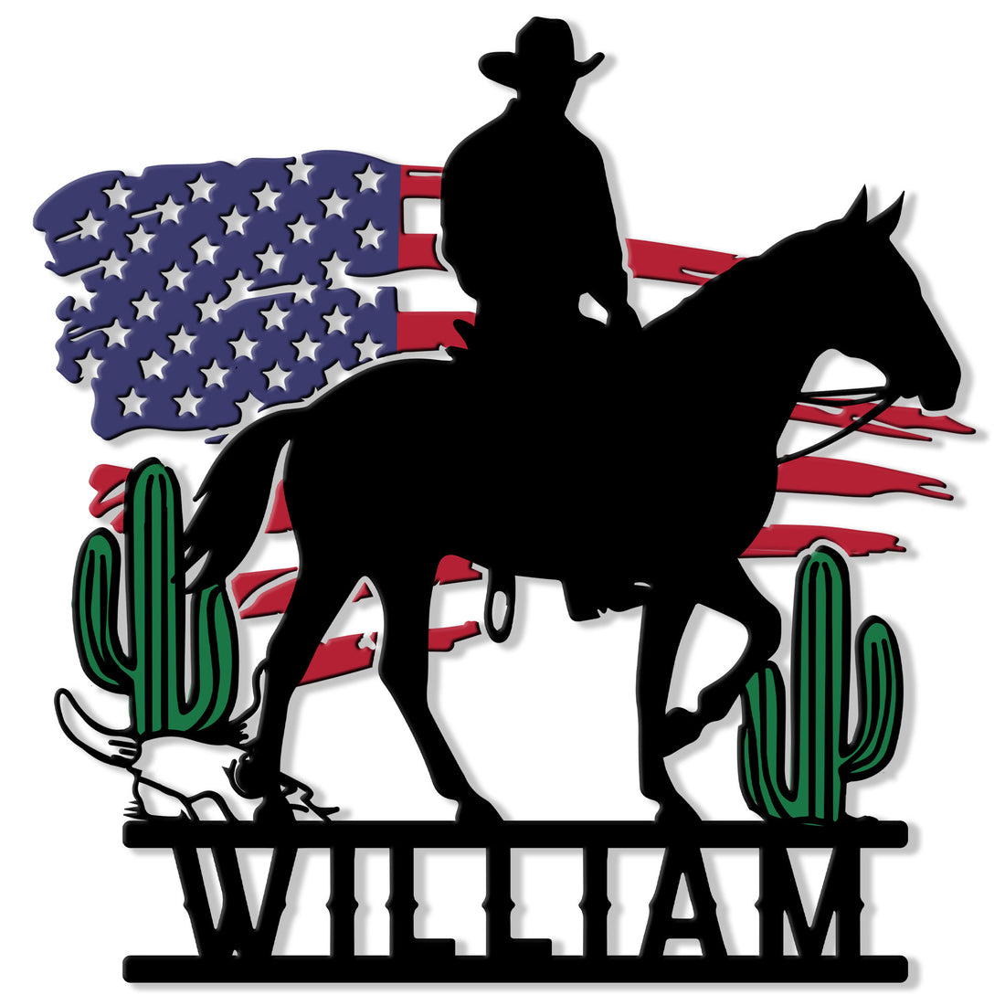 Custom cowboy metal sign featuring a horseback rider, American flag backdrop, and desert cactus silhouettes