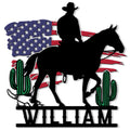 Custom cowboy metal sign featuring a horseback rider, American flag backdrop, and desert cactus silhouettes