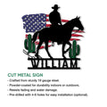 Cowboy riding horse cut metal sign shown with product features and indoor or outdoor display options