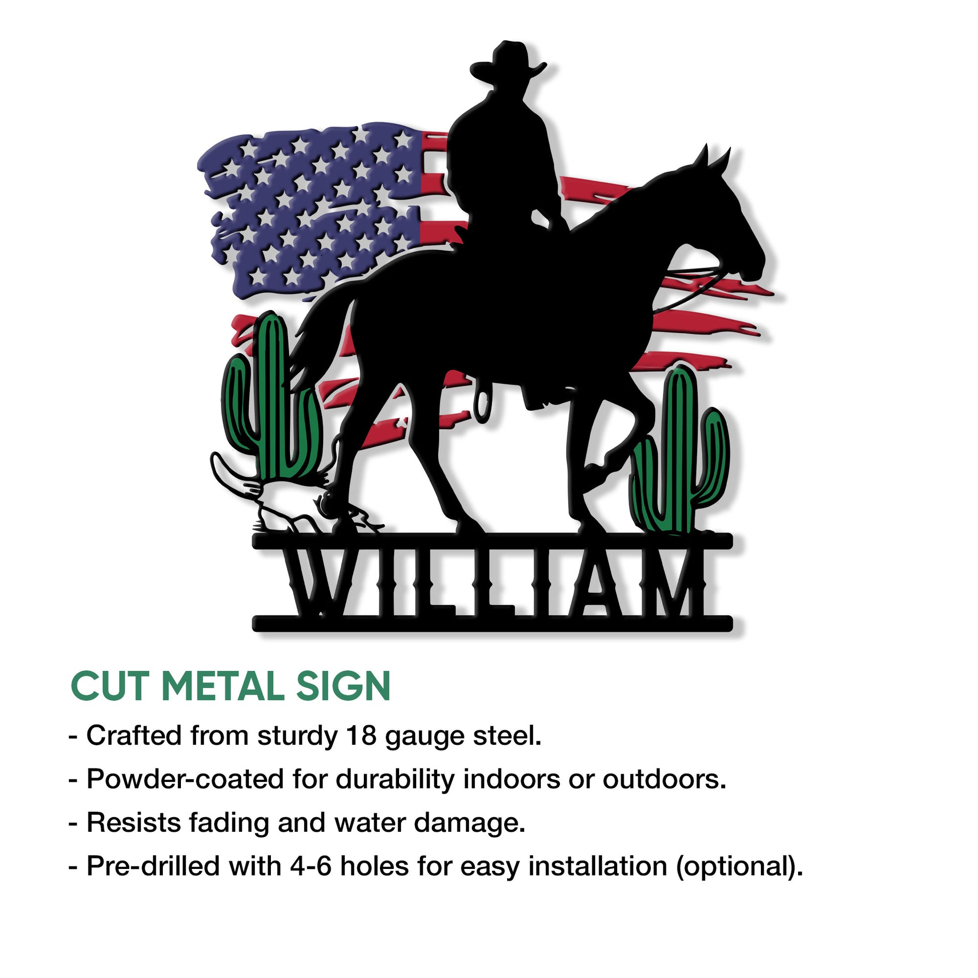 Cowboy riding horse cut metal sign shown with product features and indoor or outdoor display options