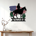 Western cowboy and horse metal wall sign displayed on a bright white plank wall above a rustic console