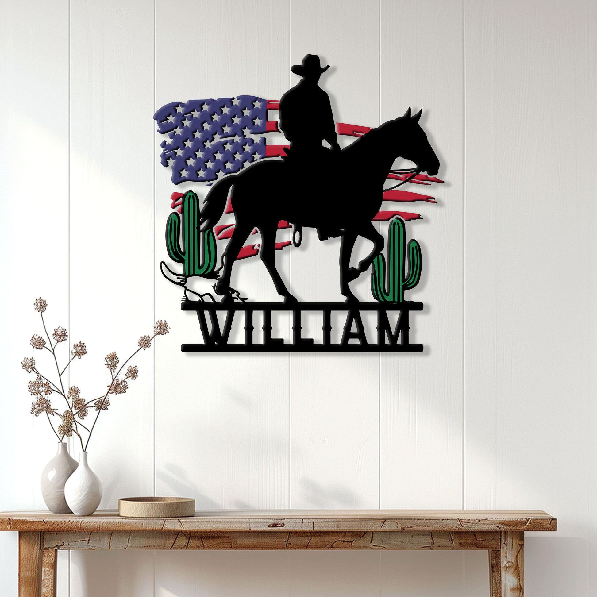 Western cowboy and horse metal wall sign displayed on a bright white plank wall above a rustic console