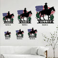 Cowboy horse metal sign size guide showing six available square size options in a living room setting