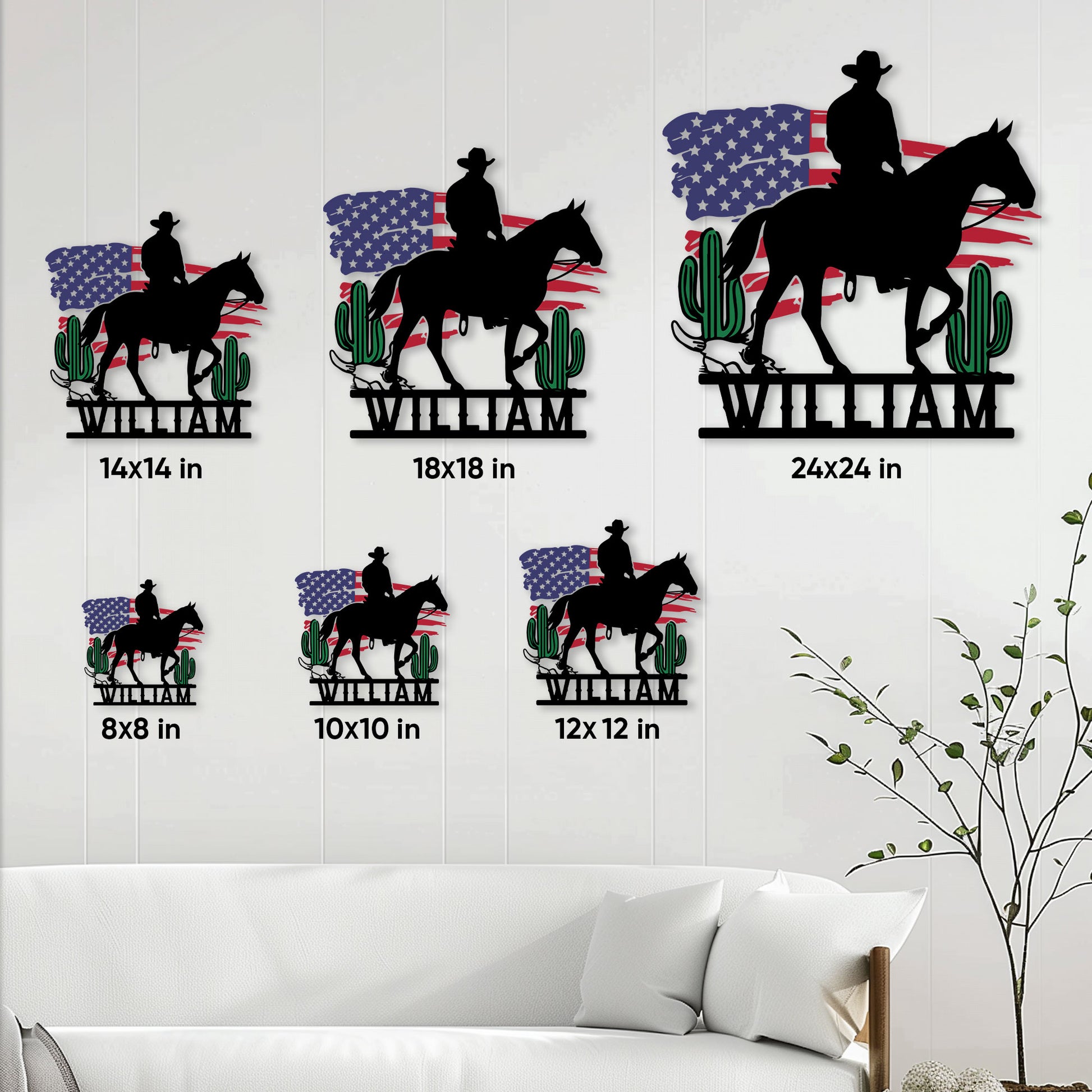 Cowboy horse metal sign size guide showing six available square size options in a living room setting