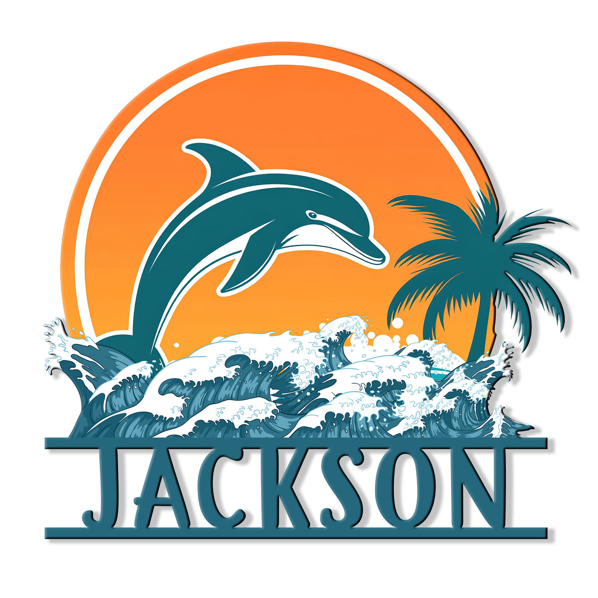 Dolphin metal sign featuring a leaping dolphin, ocean waves, palm tree, and circular sunset design