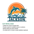 Dolphin metal sign artwork shown with product feature details and a coastal ocean scene