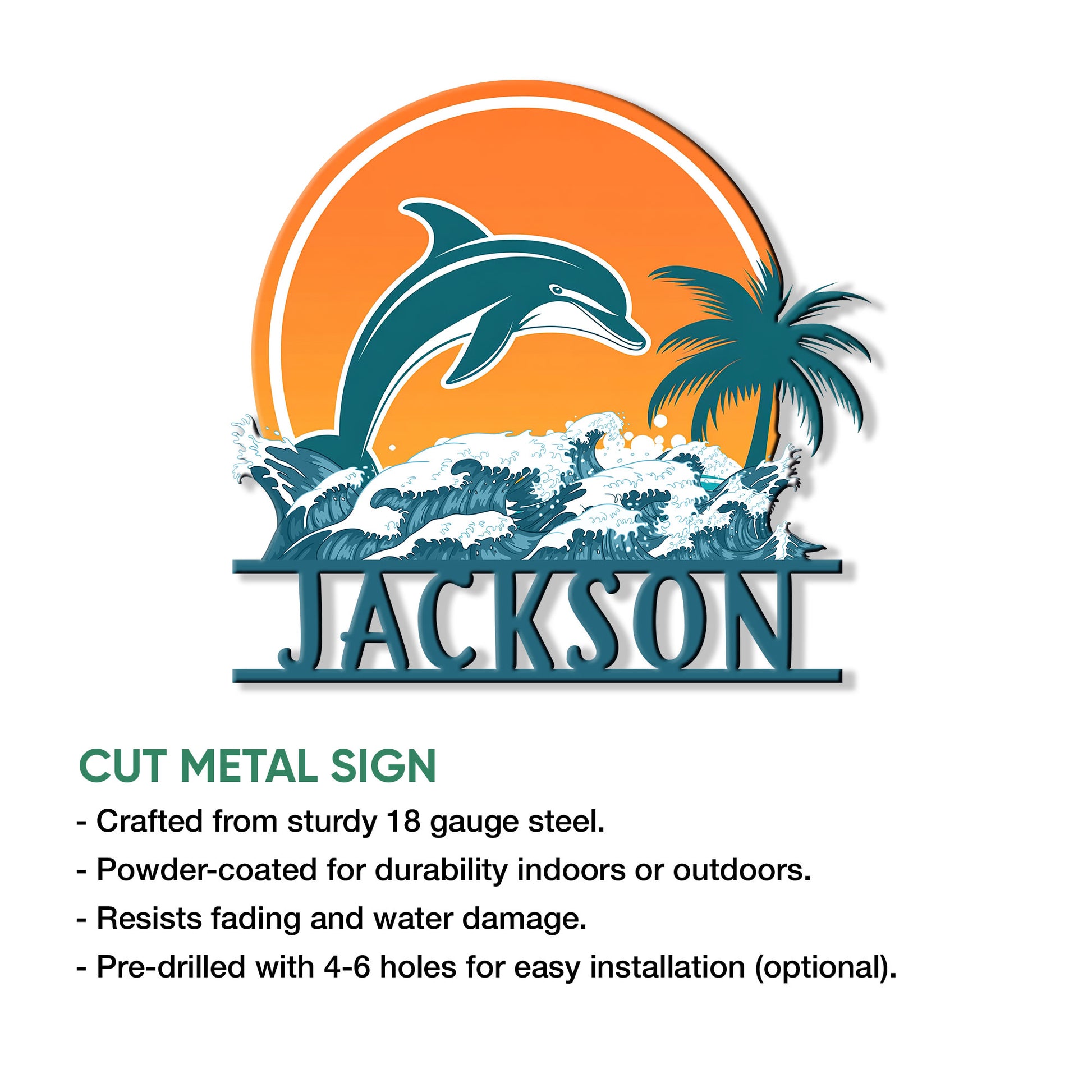 Dolphin metal sign artwork shown with product feature details and a coastal ocean scene