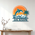 Dolphin wall sign displayed on a light paneled wall above a rustic console table