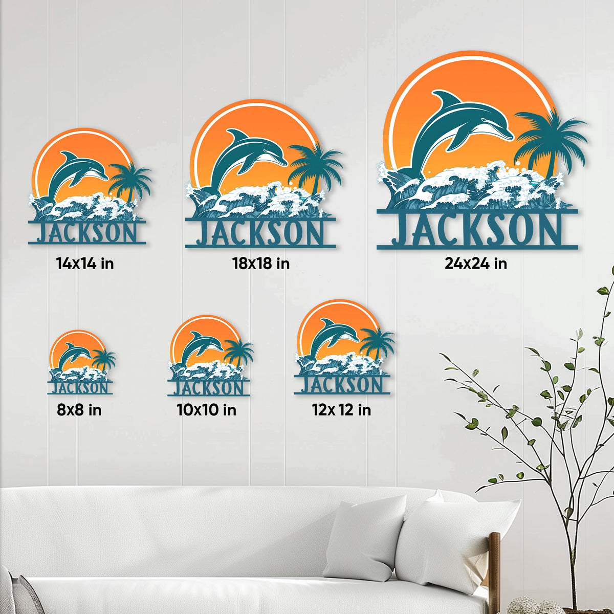 Dolphin metal sign shown in multiple size options above a sofa in a bright coastal room