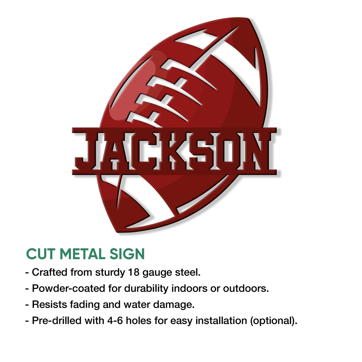 American football metal sign feature graphic highlighting the cut metal design and versatile display use