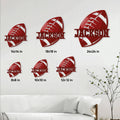American football metal sign size guide showing multiple square size options in a living room setting