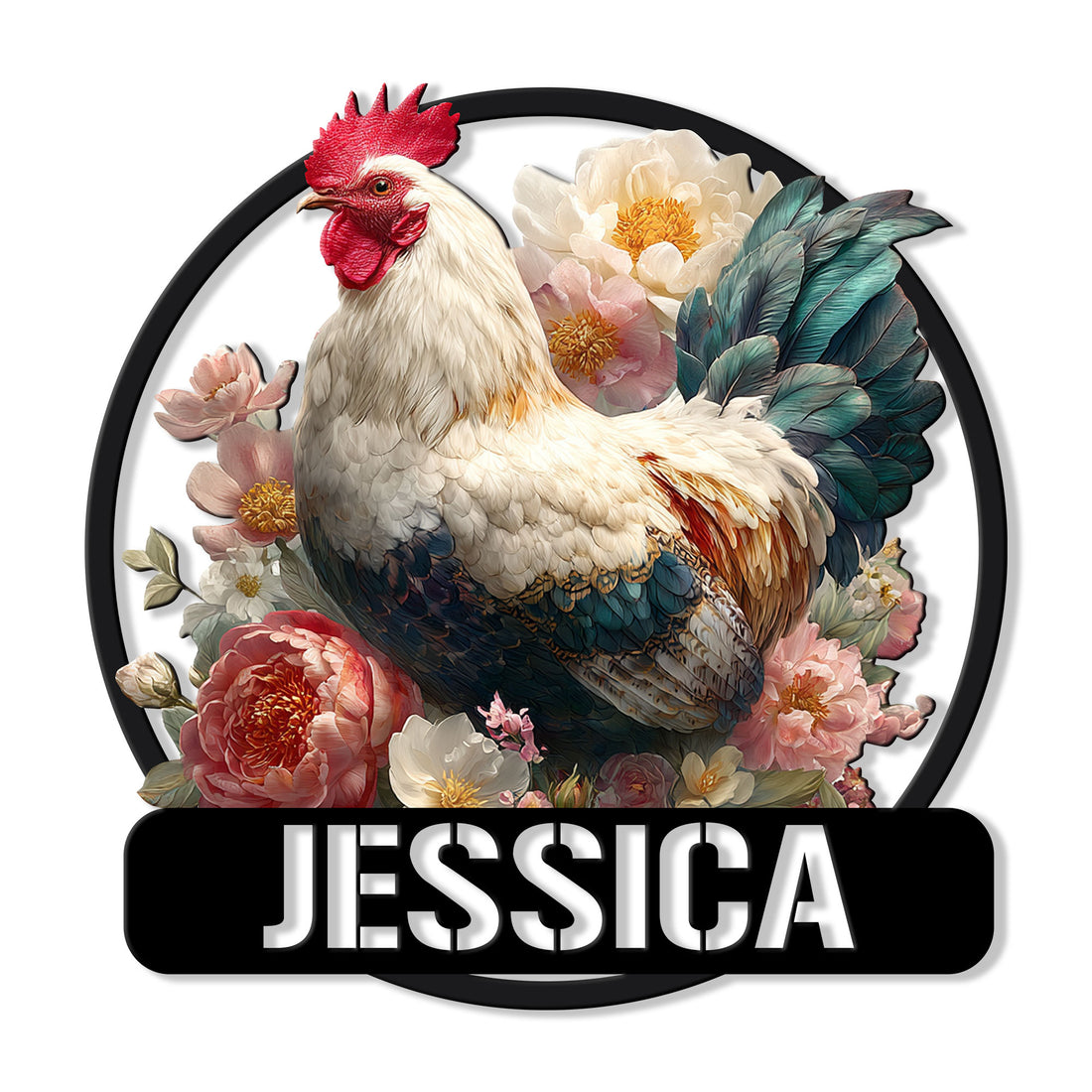 Floral chicken metal sign featuring a detailed white rooster surrounded by colorful flowers
