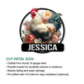 Chicken metal sign feature graphic showing a floral rooster design and product presentation