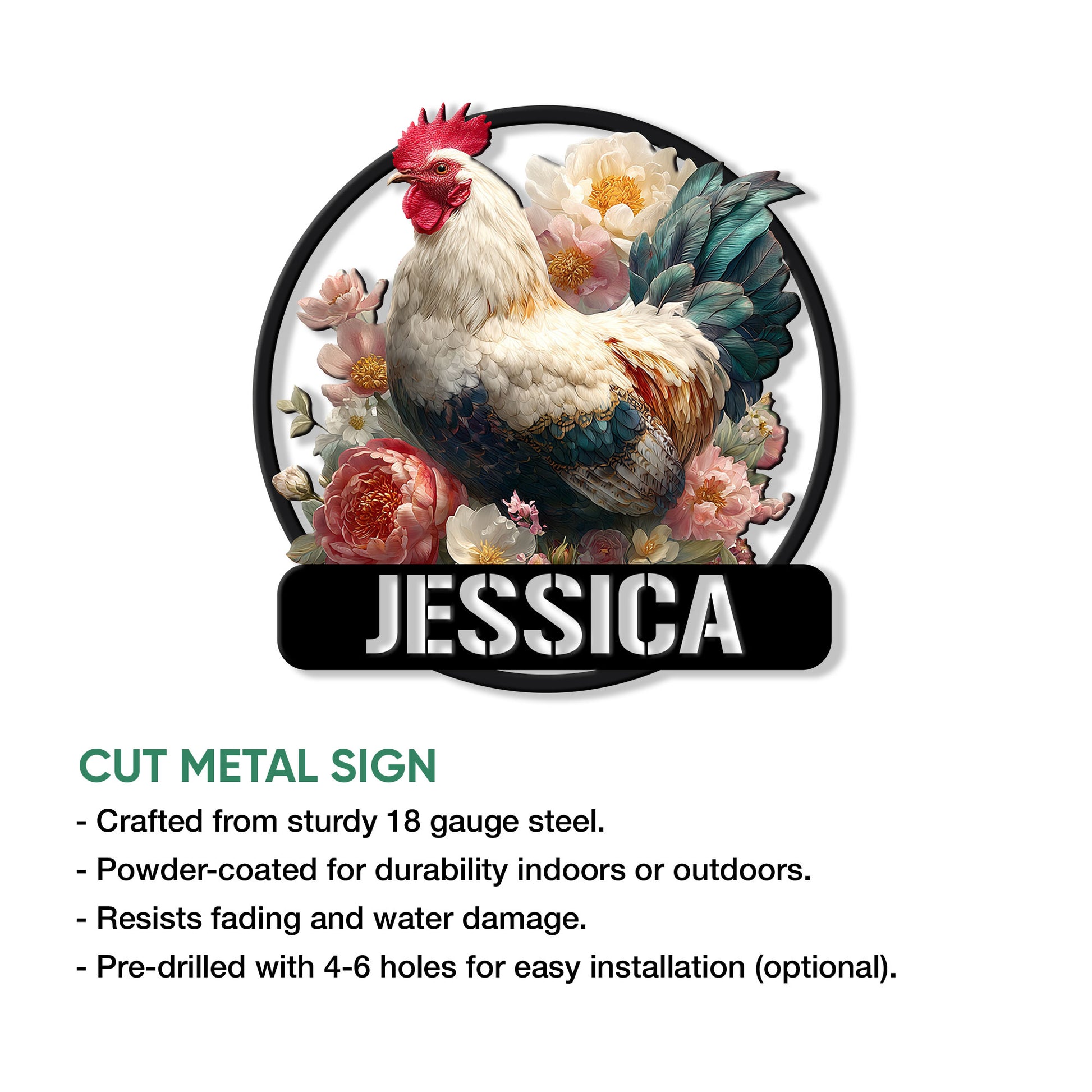 Chicken metal sign feature graphic showing a floral rooster design and product presentation