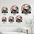 Chicken metal sign size guide showing floral rooster designs in multiple square dimensions