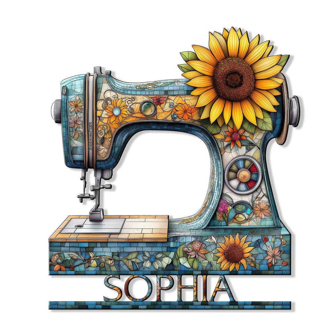 Decorative sewing machine metal sign with sunflower and colorful floral mosaic artwork