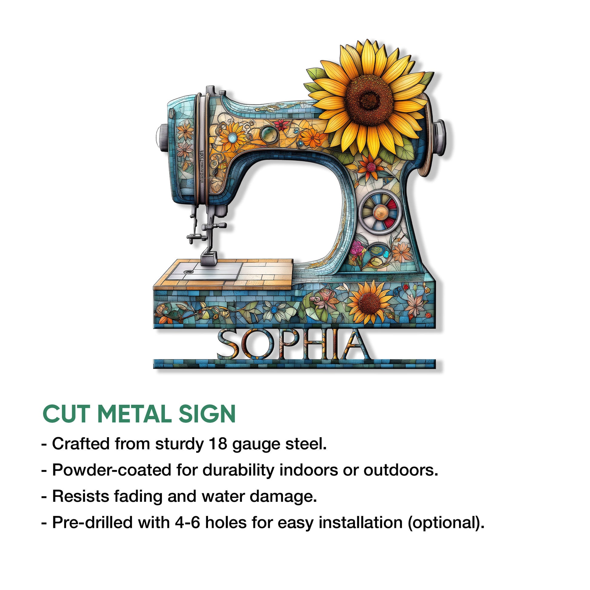 Sewing machine metal sign shown with product feature details and floral sunflower design