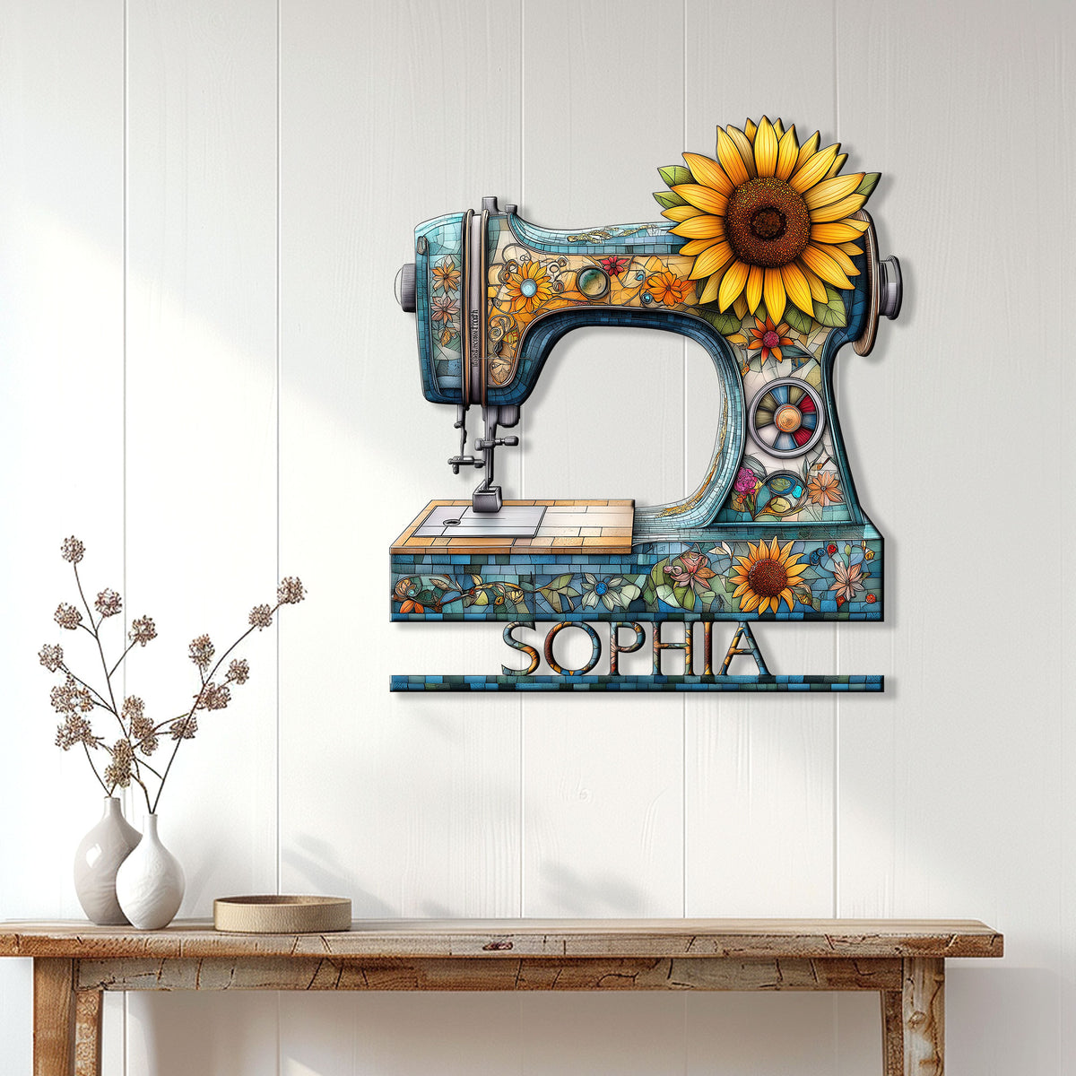Floral sewing room wall decor featuring a colorful sewing machine sign above a console table